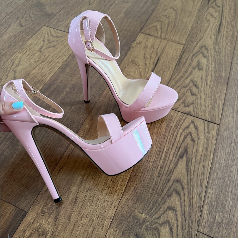 Women's Pink Patent Platform Ankle-Strap Heels